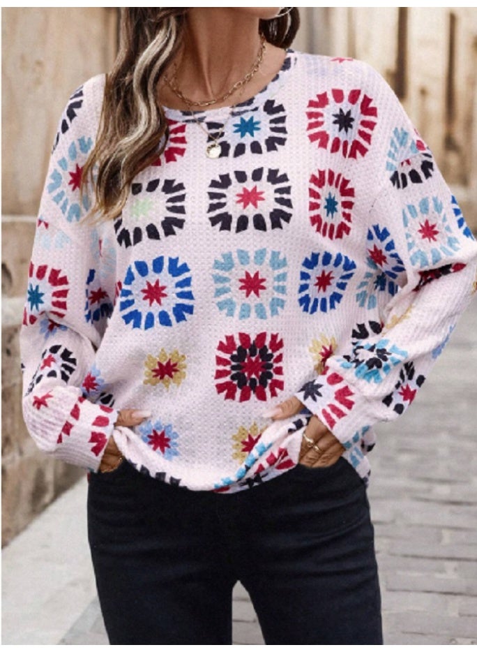 EMERY ROSE Round Neck Long Sleeve Waffle Knit Floral Printed Sweatshirt, Casual Everyday Wear Pullover Fall Outfit - Image 3