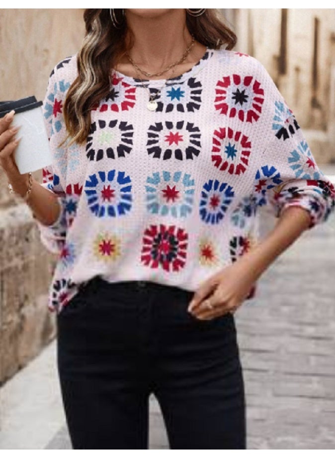 EMERY ROSE Round Neck Long Sleeve Waffle Knit Floral Printed Sweatshirt, Casual Everyday Wear Pullover Fall Outfit - Image 1