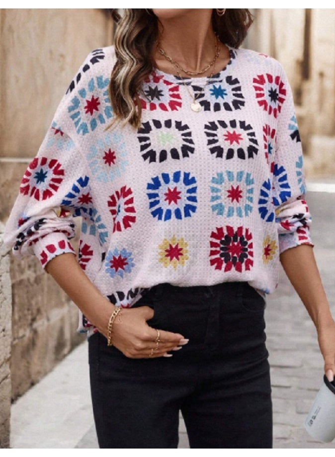EMERY ROSE Round Neck Long Sleeve Waffle Knit Floral Printed Sweatshirt, Casual Everyday Wear Pullover Fall Outfit - Image 5