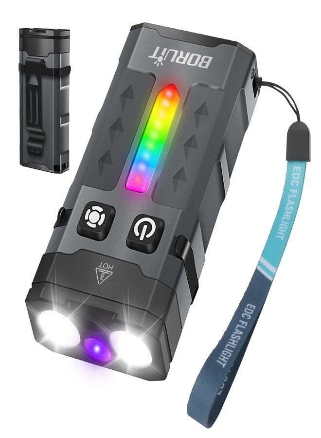 برويوت BORUIT EV20 مصباح يدوي صغير EDC LED مع ضوء الأشعة فوق البنفسجية 365 نانومتر، 1100 لومن USB-C مصابيح يدوية قابلة لإعادة الشحن مع سلسلة مفاتيح للجيب مع ضوء جانبي RGB، مقاوم للماء IP66، مشبك ومغناطيس ذيل للتخييم، ألومنيوم أسود - Image 1