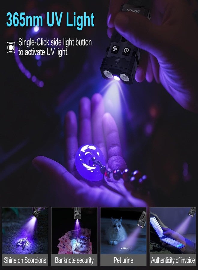 برويوت BORUIT EV20 مصباح يدوي صغير EDC LED مع ضوء الأشعة فوق البنفسجية 365 نانومتر، 1100 لومن USB-C مصابيح يدوية قابلة لإعادة الشحن مع سلسلة مفاتيح للجيب مع ضوء جانبي RGB، مقاوم للماء IP66، مشبك ومغناطيس ذيل للتخييم، ألومنيوم أسود - Image 3