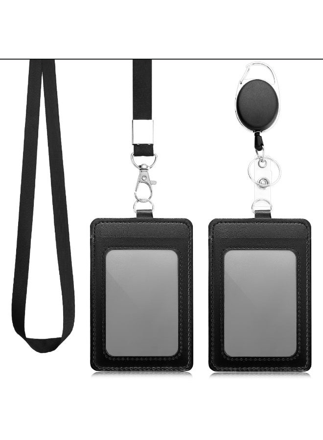 HPRT PU Leather ID Badge Holder, 2 Pack ID Card Holder Wallet with Neck Lanyard and Retractable Badge Reel, Clear Window for Office, School and Employee ID (Black) - Image 2