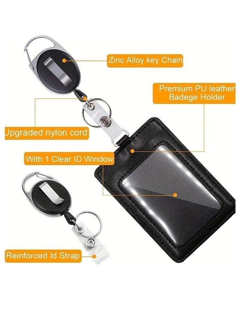 HPRT PU Leather ID Badge Holder, 2 Pack ID Card Holder Wallet with Neck Lanyard and Retractable Badge Reel, Clear Window for Office, School and Employee ID (Black) - Image 4