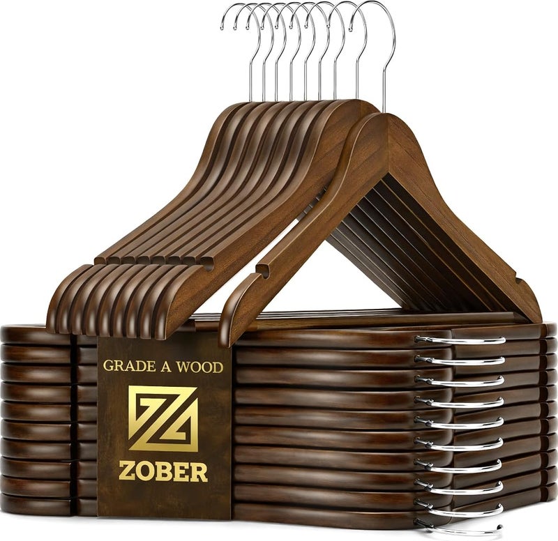 زوبير مجموعة حاملات ملابس خشبية من Zober، عبوة تحتوي على 20 قطعة، مقابض غير زلقة للمعاطف والبنطال والجاكيتات، مزودة بأخاديد للتثبيت، مناسبة للخزائن، لون عتيق - Image 1
