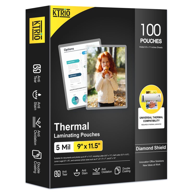 KTRIO 5 MIL Laminating Sheets, Hold 8.5 x 11 Inches, 100 Pack Thermal Laminating Pouches, 9 x 11.5 Laminate Sheets for Laminator, Clear Lamination Sheet Paper, Letter Size, Office School Home Supplies