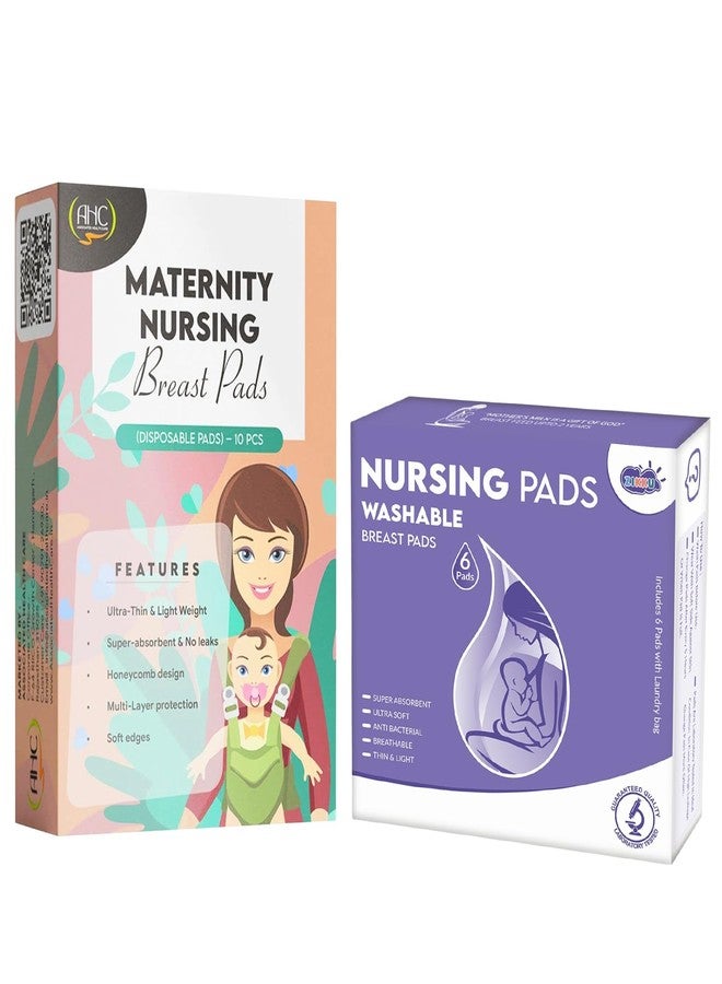 AHC Zikku Ultra-Soft Disposable (10 Pads) and Reusable (6 Pads) Nursing Breast Pads, Leak-Proof and Ultra Absorbent Honeycomb Lining Feeding Pads for Bra, Comfortable, Breathable and Skin-Friendly, Good for Feeding Mothers - Image 1