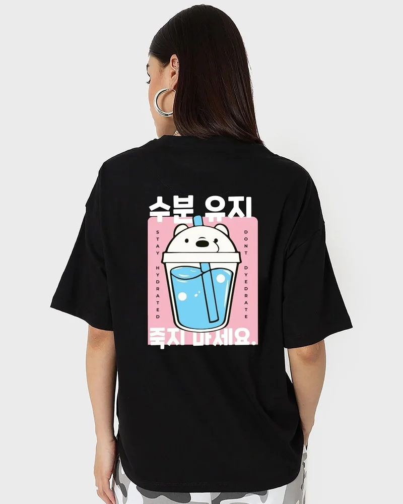 بيواكوف تيشيرت نسائي أسود مطبوع برسومات ابقَ رطبًا بقصة واسعة