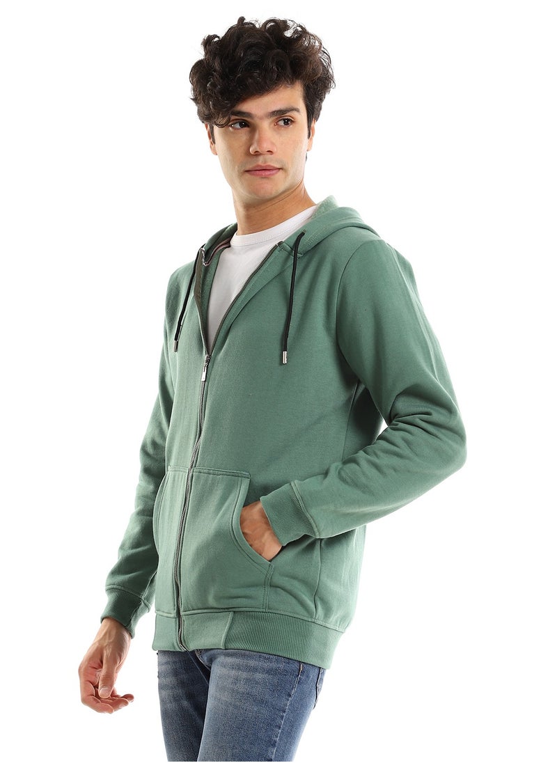 Andora - Hooded Long Sleeves Plain Side Pockets Sweatshirt - Green - Image 1