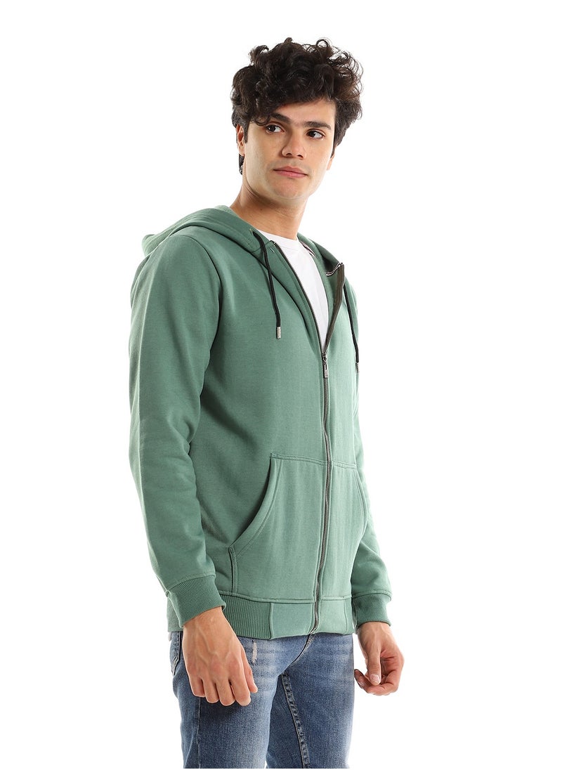 Andora - Hooded Long Sleeves Plain Side Pockets Sweatshirt - Green - Image 1