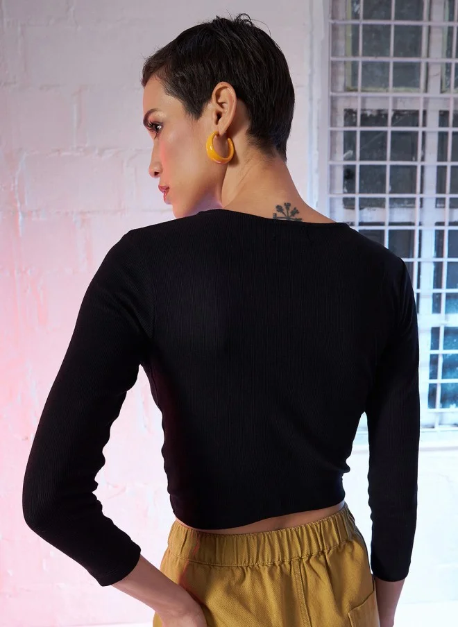 SASSAFRAS Cropped Black Twisted Knot Top for Women