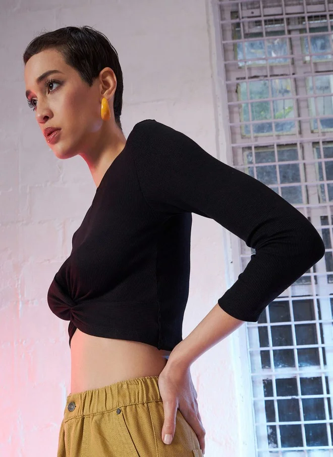SASSAFRAS Cropped Black Twisted Knot Top for Women