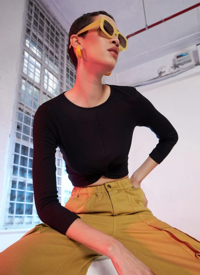 SASSAFRAS Cropped Black Twisted Knot Top for Women