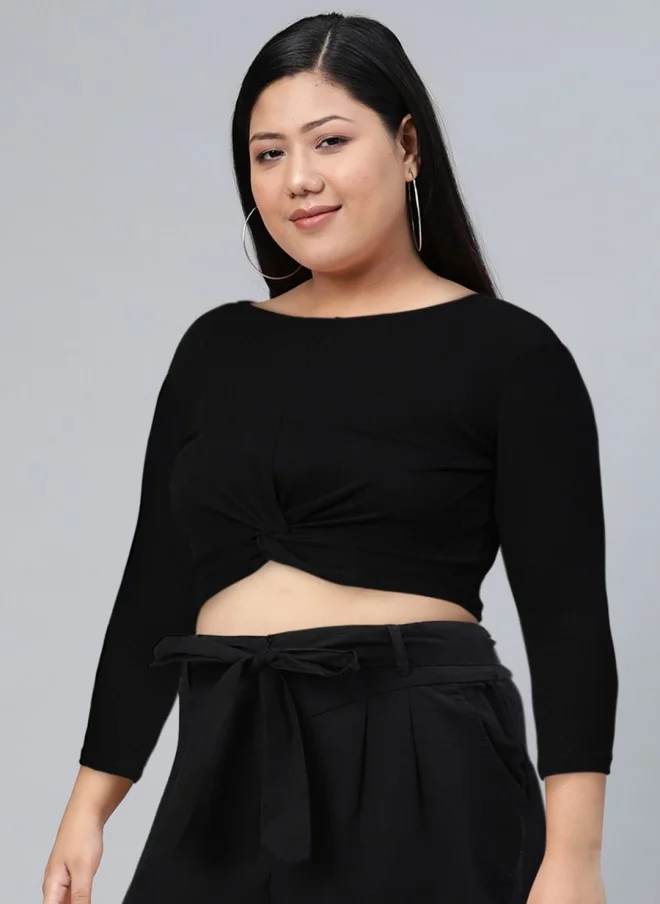 SASSAFRAS Cropped Black Twisted Knot Top for Women