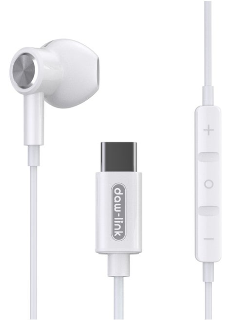 Dawlink Type-C Mono Wired Earphone with Mic, Noise Isolation, In-Line Volume Control, Ergonomic Half In-Ear Design, USB-C Connector, Compatible with iPhone 15/16, Galaxy S23/S22/S21, iPad Air – White