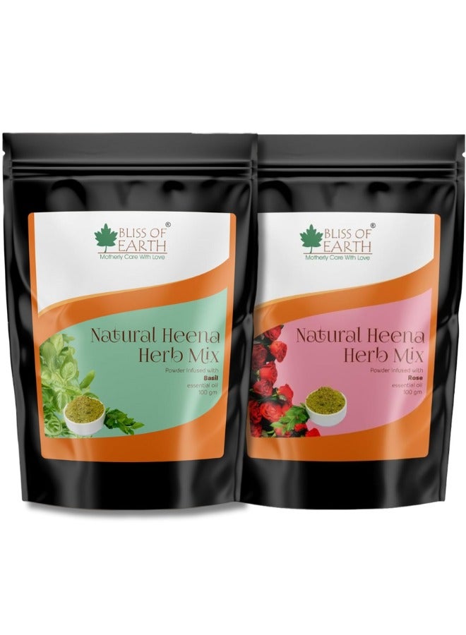 BLISS OF EARTH Herbal Henna for Hair: Rose & Basil Special Combo Blended with Herbs Amla, Neem, Babul Gum, & Essential Oils for Long Lasting Hair Color, Hair Nourishment & Health – Pack of 2 x 100g - Image 1