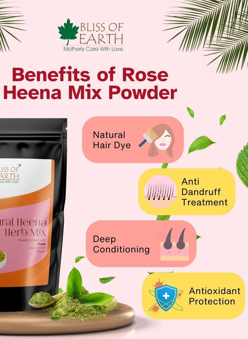 BLISS OF EARTH Herbal Henna for Hair: Rose & Basil Special Combo Blended with Herbs Amla, Neem, Babul Gum, & Essential Oils for Long Lasting Hair Color, Hair Nourishment & Health – Pack of 2 x 100g - Image 5