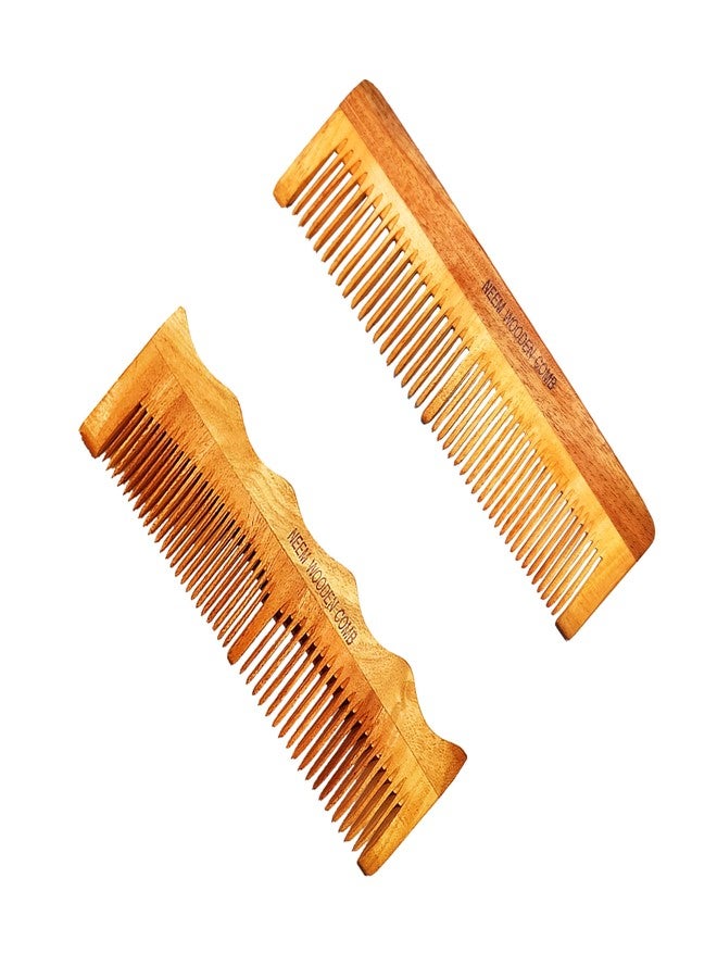 BlackLaoban Handmade Wooden Combs Big Size Kacchi Neem Wood Comb Set - Neem Comb Combo For Men & Women Hair Growth - Pack of 2 - Anti Dandruff, Detangling Hair Fall Control Kanghi Dual Tooth & Fine Tooth - Image 1