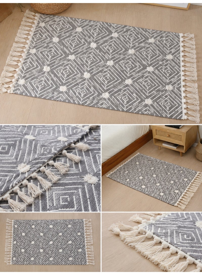 Geometric Decorative Rug with Tassels Gray 60 x 90 cm Stylish Home Accent - Image 1