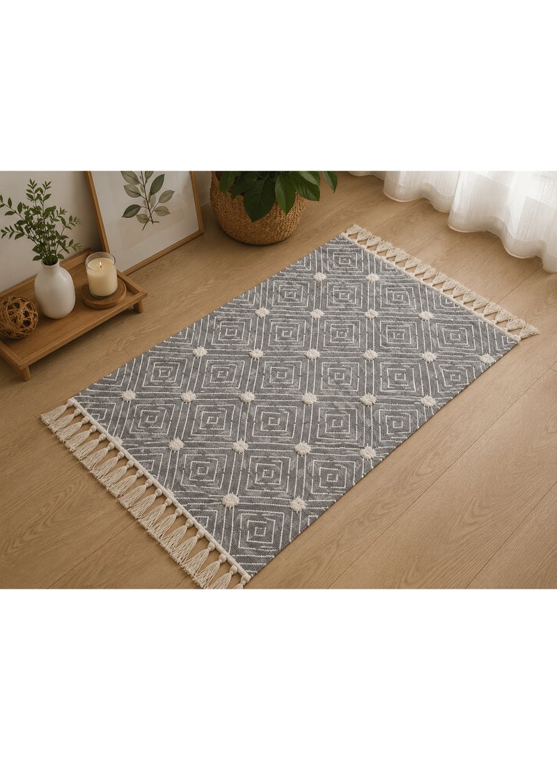 Geometric Decorative Rug with Tassels Gray 60 x 90 cm Stylish Home Accent - Image 2