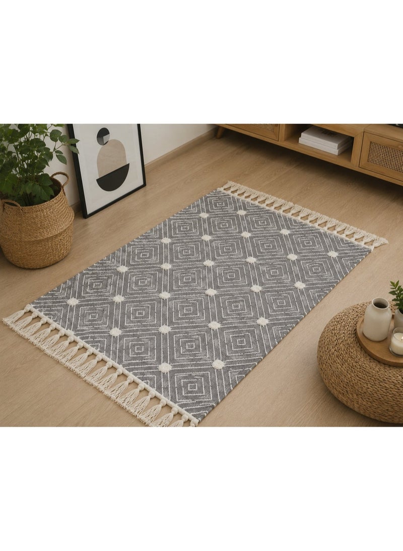 Geometric Decorative Rug with Tassels Gray 60 x 90 cm Stylish Home Accent - Image 3