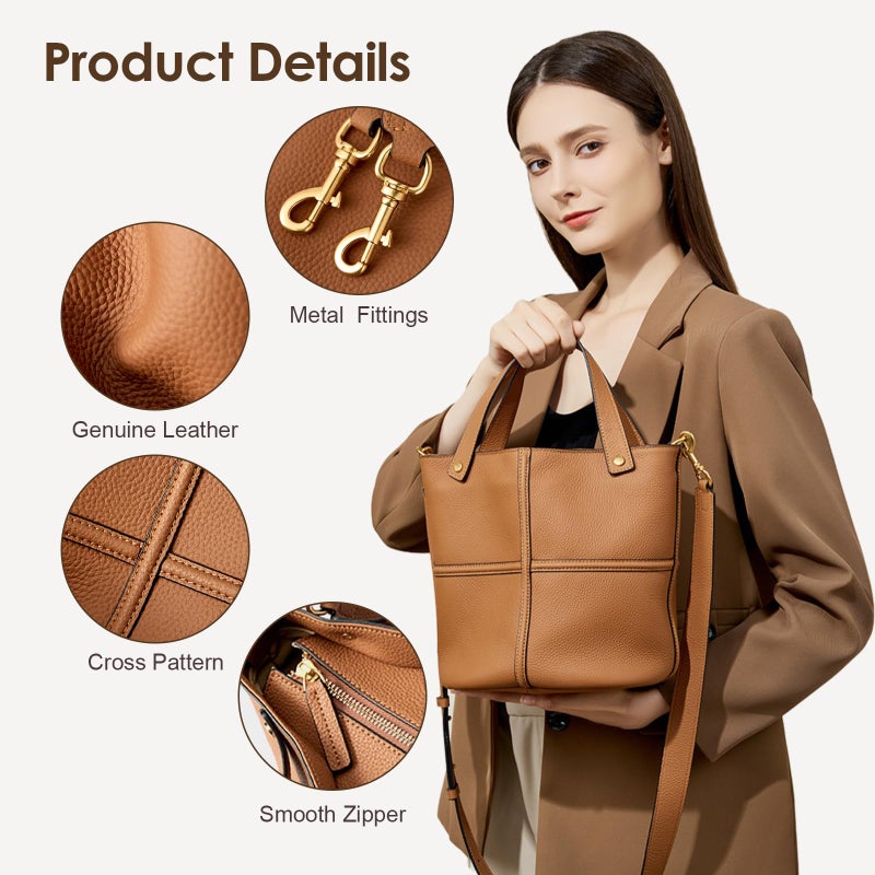 MoreFarther Bucket Bags for Women, Genuine Leather Tote Top Handbags, Crossbody Bags with Adjustable Shoulder Strap Tote (Brown) - Image 2