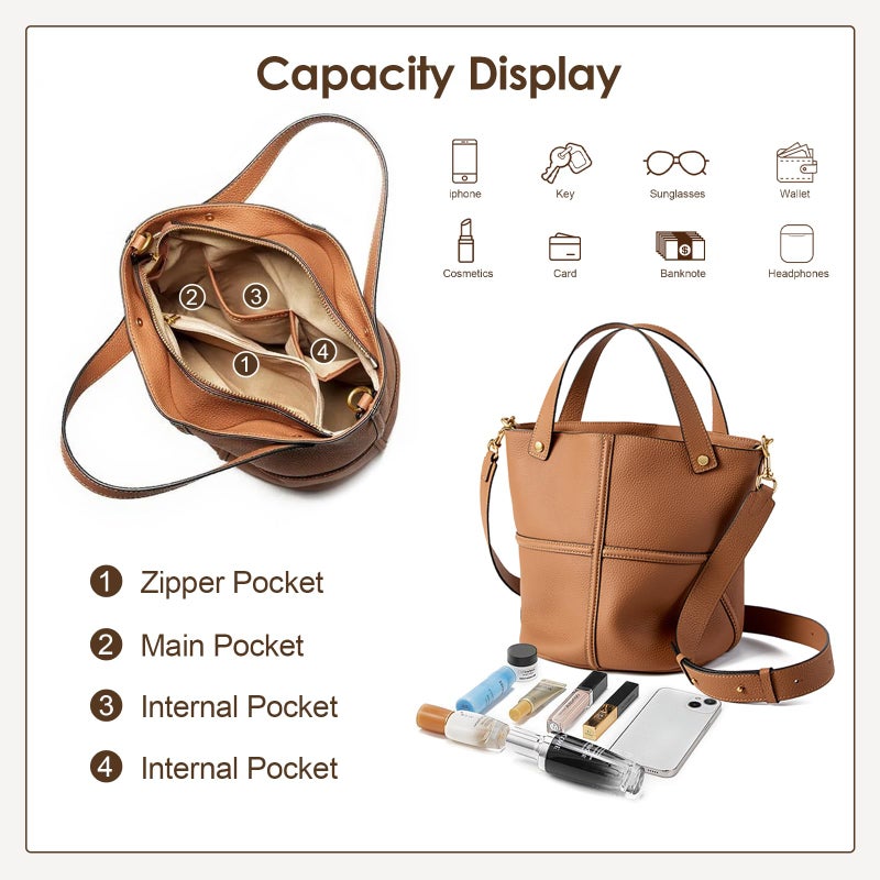 MoreFarther Bucket Bags for Women, Genuine Leather Tote Top Handbags, Crossbody Bags with Adjustable Shoulder Strap Tote (Brown) - Image 4