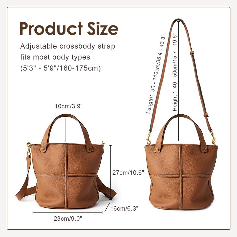 MoreFarther Bucket Bags for Women, Genuine Leather Tote Top Handbags, Crossbody Bags with Adjustable Shoulder Strap Tote (Brown) - Image 3