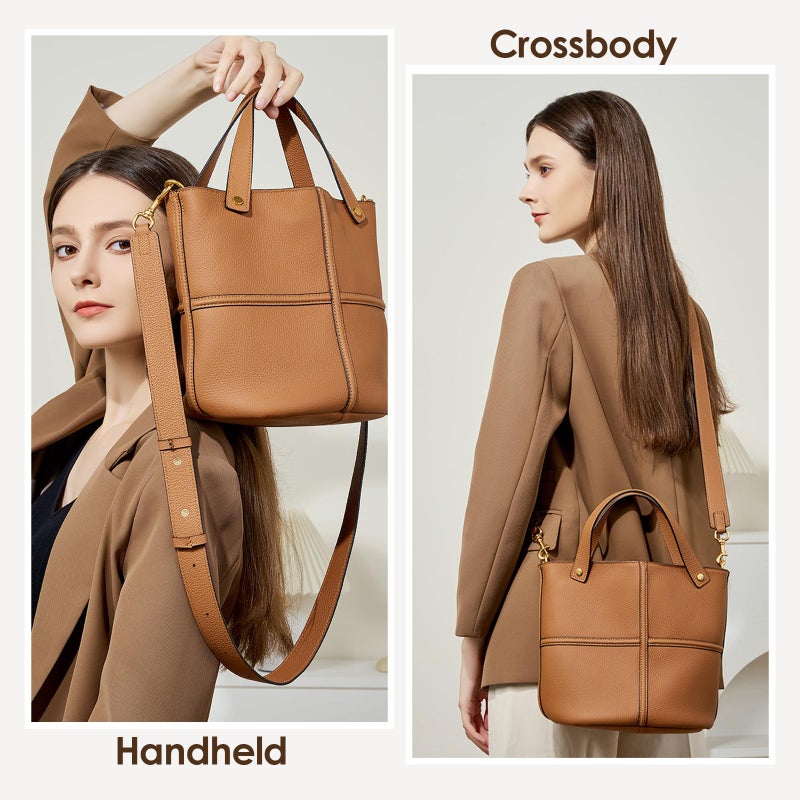 MoreFarther Bucket Bags for Women, Genuine Leather Tote Top Handbags, Crossbody Bags with Adjustable Shoulder Strap Tote (Brown) - Image 5