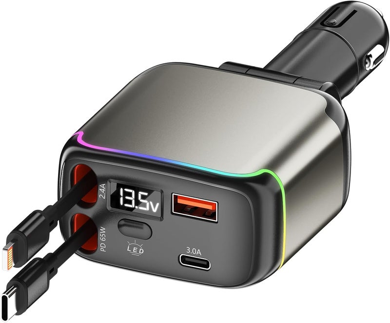 XXZU شاحن السيارة القابل للسحب XXZU 137W، شحن سريع USB C بقوة 65W مع كابلين قابلين للسحب، منفذي شحن، عرض الجهد، ولاعة السجائر، محول شاحن سيارة 4 في 1 لأجهزة iPhone/Android/iPad/Laptop - Image 1