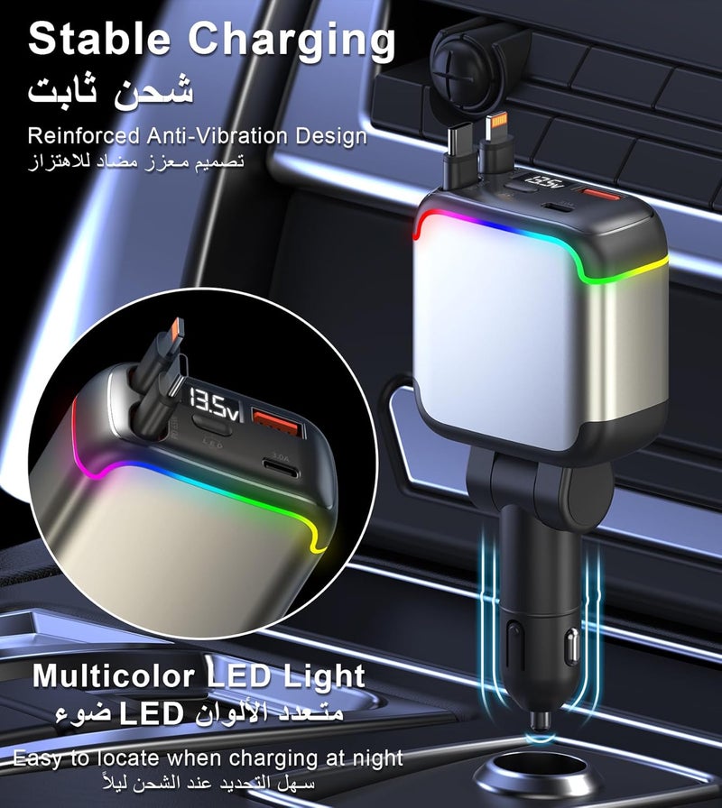 XXZU شاحن السيارة القابل للسحب XXZU 137W، شحن سريع USB C بقوة 65W مع كابلين قابلين للسحب، منفذي شحن، عرض الجهد، ولاعة السجائر، محول شاحن سيارة 4 في 1 لأجهزة iPhone/Android/iPad/Laptop - Image 4