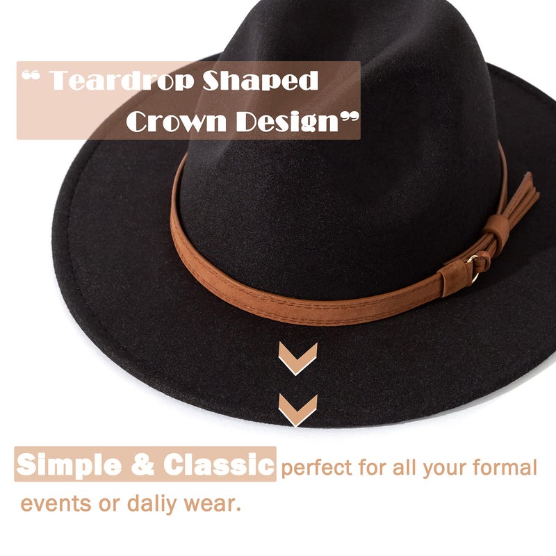 Lisianthus Men & Women Vintage Wide Brim Fedora Hat with Belt Buckle A-Black 56-58cm - Image 2