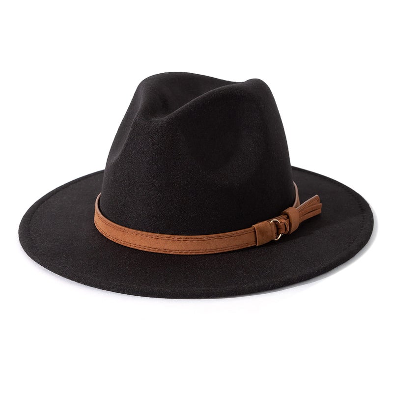 Lisianthus Men & Women Vintage Wide Brim Fedora Hat with Belt Buckle A-Black 56-58cm - Image 1