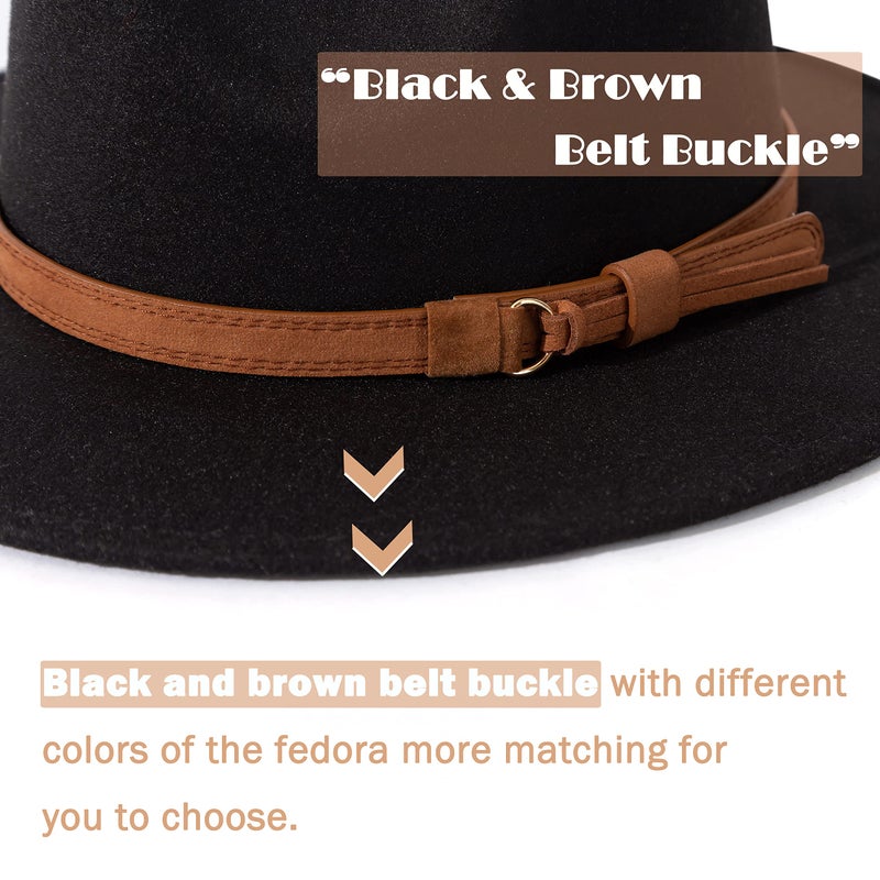 Lisianthus Men & Women Vintage Wide Brim Fedora Hat with Belt Buckle A-Black 56-58cm - Image 3