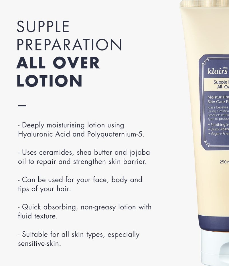 DearKlairs] Supple Preparation All-over lotion, Daily face and body moisturizer, for sensitive skin, Essential oil Free, Artificial fragrance free,250ml, 8.45oz - Image 2