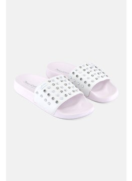 Women Stoned Slip On Slides, White