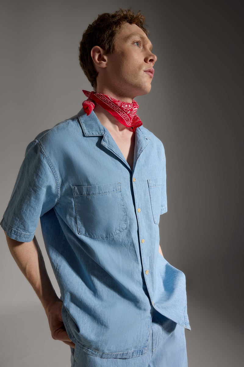 DeFacto Blue Man Relax Fit Cotton Short Sleeve Shirt Casual - Image 3