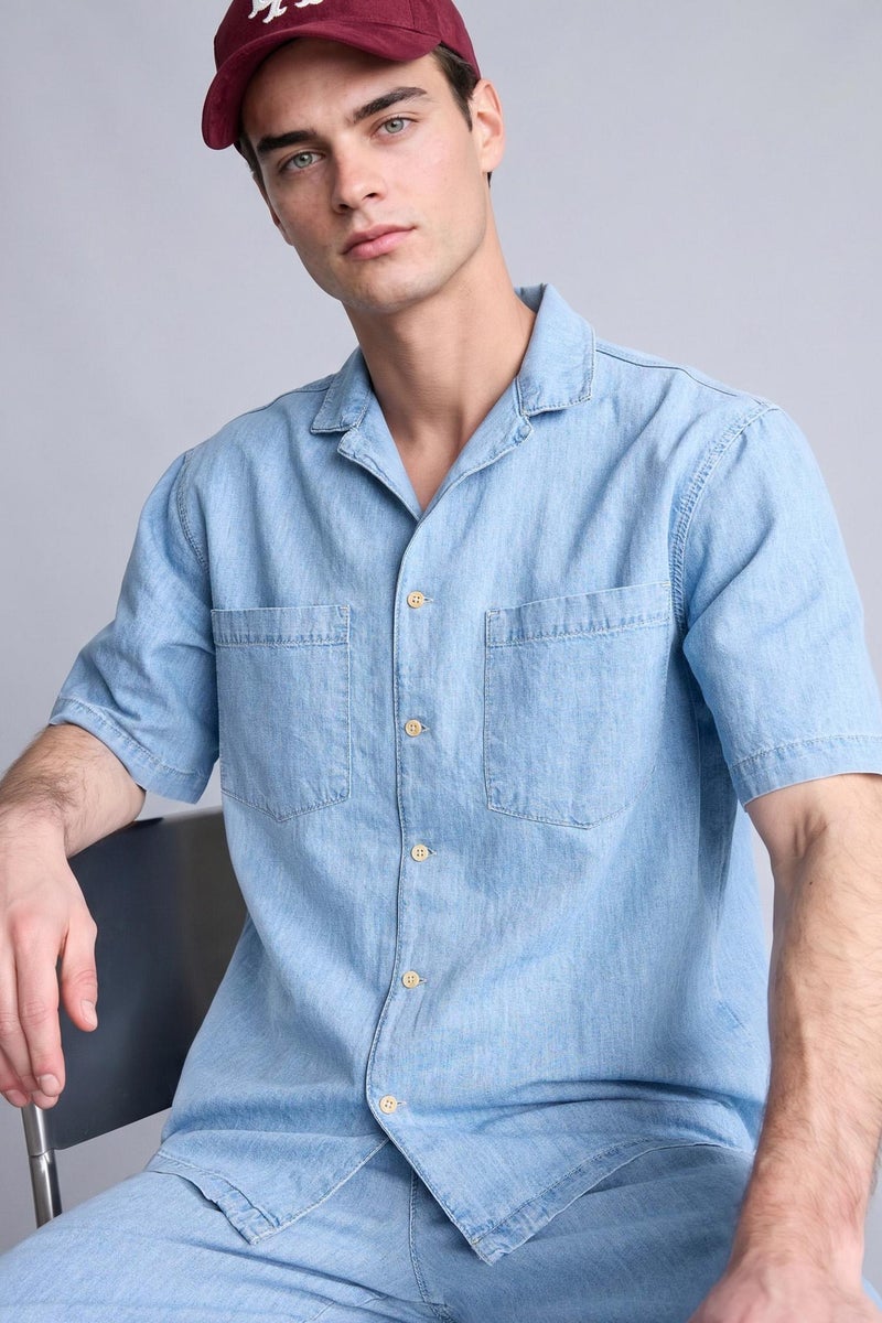DeFacto Blue Man Relax Fit Cotton Short Sleeve Shirt Casual - Image 4