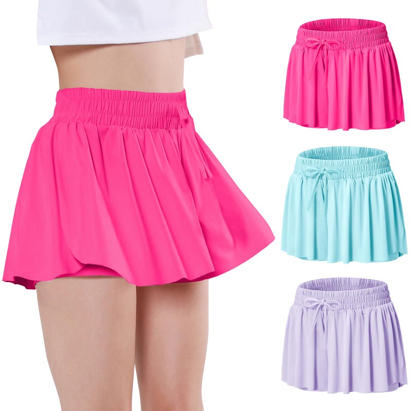 EXARUS 3 Pack Girls Shorts Butterfly Flowy Athletic Skort Dance Cheer Outfits Teen Running Skirts Preppy Tennis 2 in 1 Flutter Gym Kids Tween Clothes Hot Pink Blue Purple 12Y - Image 1