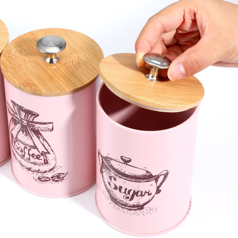 Ubamdom 3 Pcs Pink Kitchen Canisters Set, 6.1" x 3.74" Matte Condiment Pot Metal Tin Jar Container, Food Storage Containers with Bamboo Airtight Lid to Store Dry Food Spices Coffee Tea Sugar Storage - Image 5