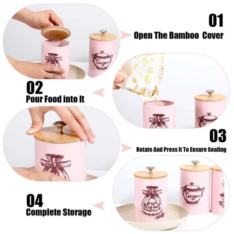 Ubamdom 3 Pcs Pink Kitchen Canisters Set, 6.1" x 3.74" Matte Condiment Pot Metal Tin Jar Container, Food Storage Containers with Bamboo Airtight Lid to Store Dry Food Spices Coffee Tea Sugar Storage - Image 3