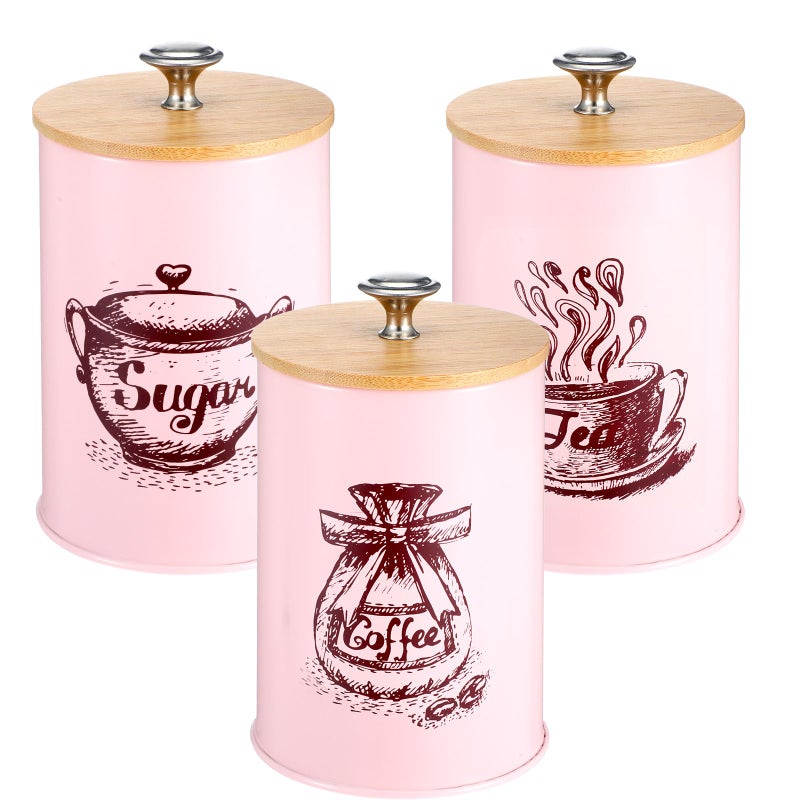 Ubamdom 3 Pcs Pink Kitchen Canisters Set, 6.1" x 3.74" Matte Condiment Pot Metal Tin Jar Container, Food Storage Containers with Bamboo Airtight Lid to Store Dry Food Spices Coffee Tea Sugar Storage - Image 1