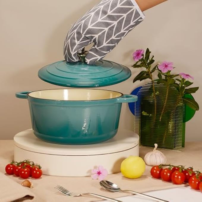 rayihni Healthy And Safe NonStick Enameled 7Pcs Set Of Cast Iron Dutch Oven Cookwares Set Includes 24Cm Dutch Oven Fry Pan 18Cm 21Cm 24Cm Dutch Oven Cookwares With Lids And Gloves - Image 3