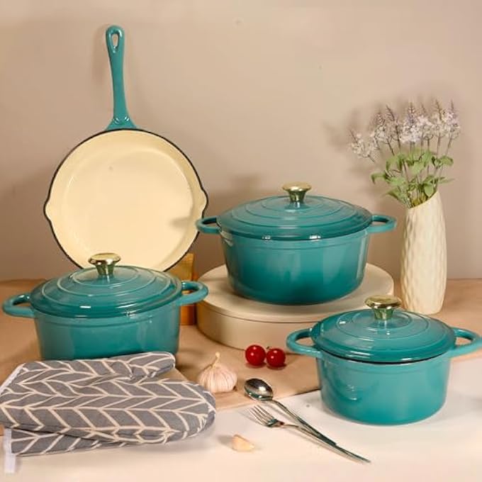 rayihni Healthy And Safe NonStick Enameled 7Pcs Set Of Cast Iron Dutch Oven Cookwares Set Includes 24Cm Dutch Oven Fry Pan 18Cm 21Cm 24Cm Dutch Oven Cookwares With Lids And Gloves - Image 2