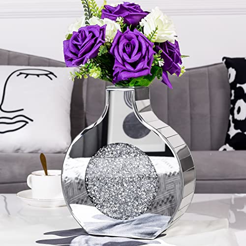 BLINGWORLD Flower Vase Mirror Finish Vases for Decor, Crystal Decorative Vase for Flower Circle Donut Crushed Diamond Home Decoration Tabletop, Silver 9 inches Tall, Can’t Hold Water - Image 1
