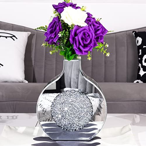 BLINGWORLD Flower Vase Mirror Finish Vases for Decor, Crystal Decorative Vase for Flower Circle Donut Crushed Diamond Home Decoration Tabletop, Silver 9 inches Tall, Can’t Hold Water - Image 3