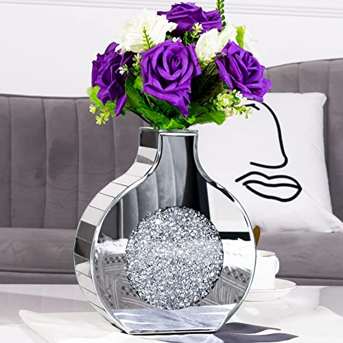 BLINGWORLD Flower Vase Mirror Finish Vases for Decor, Crystal Decorative Vase for Flower Circle Donut Crushed Diamond Home Decoration Tabletop, Silver 9 inches Tall, Can’t Hold Water - Image 2