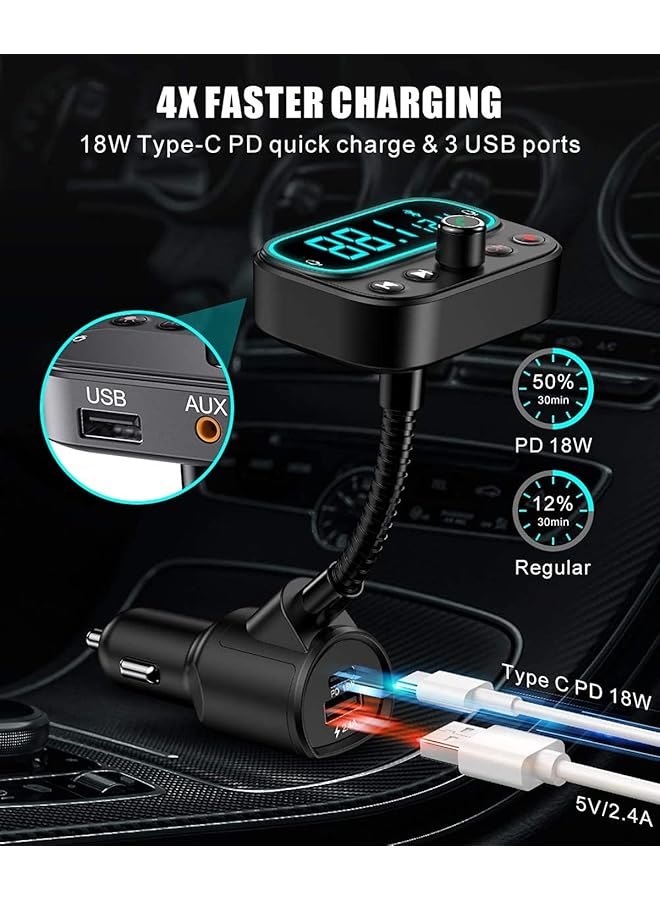 KASTWAVE Bluetooth 5.0 Fm Transmitter For Car, Usb C Pd Bluetooth Car Adapter With Dual Mic/2.0" Lcd Display/3 Usb Ports/9 Color Led Backlit, Wireless Car Kit Music Player Support U Disk/Aux Output - Image 4