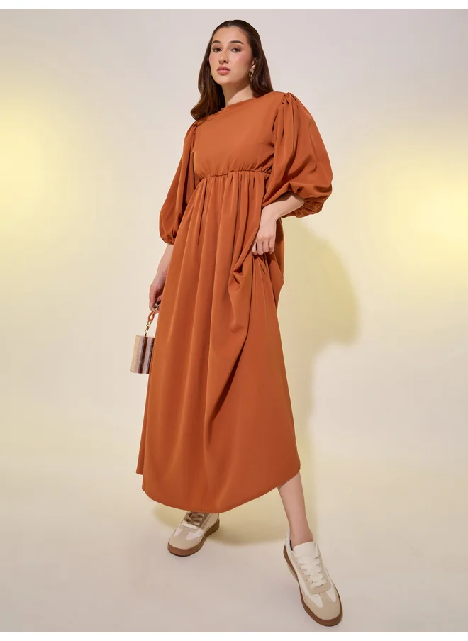 Take Two Take Two Solid Balloon Sleeves Back Tie A-Line Midi Dress