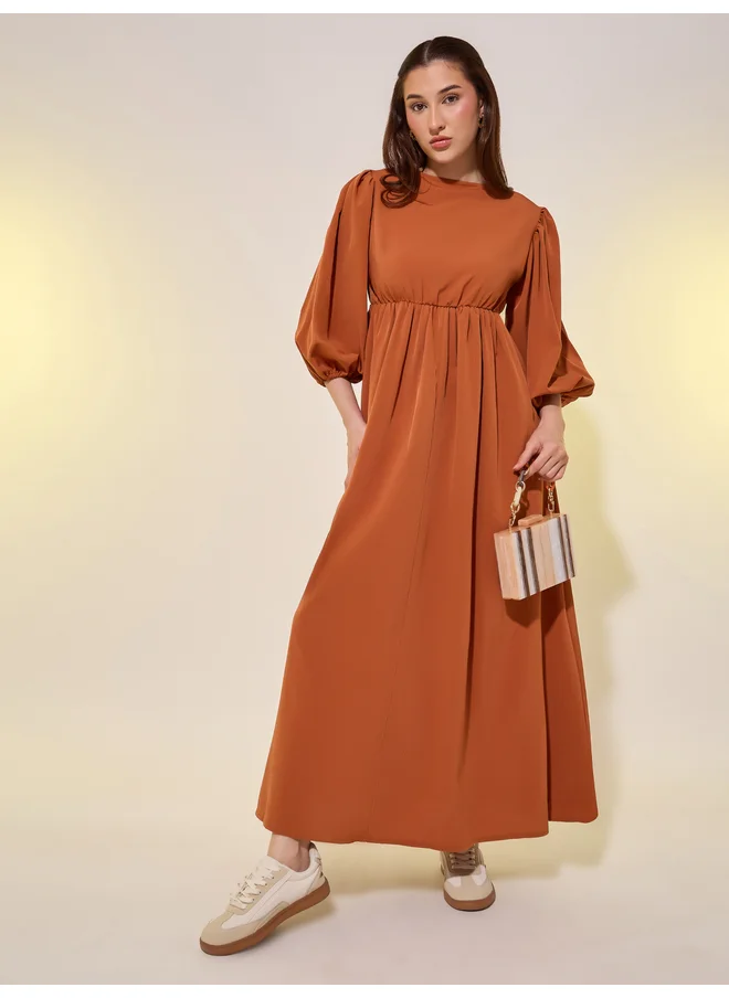 Take Two Take Two Solid Balloon Sleeves Back Tie A-Line Midi Dress