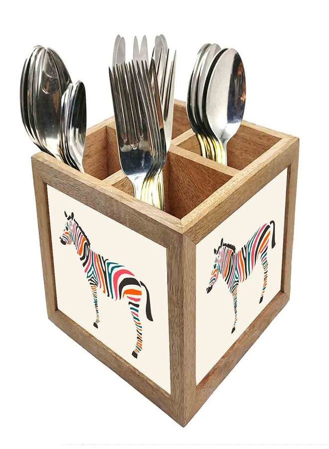 Nutcase Wooden Cutlery Stand Holder Silverware Caddy Spoons Forks Knives Organizer for Dining Table & Kitchen -Made in India-Spoons NOT Included - Zebra - Image 1